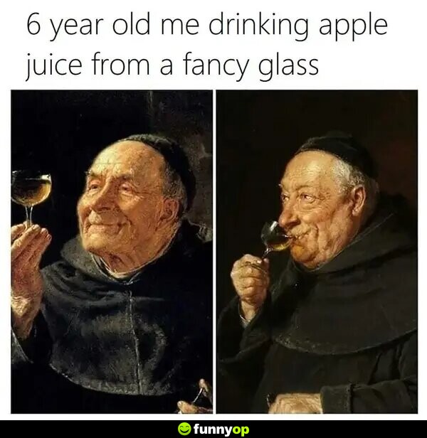 6 year old me drinking apple juice from a fancy glass.