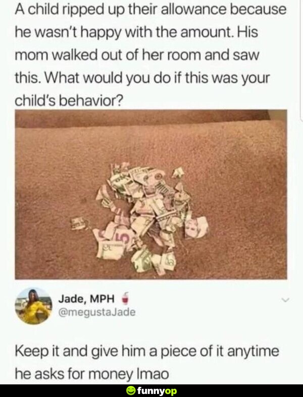 A child ripped up their allowance because he wasn't happy with the amount. His mom walked out of her room and saw this. What would you do if this was your child's behavior? Keep it and give him a piece of it anytime he asks for money lmao.