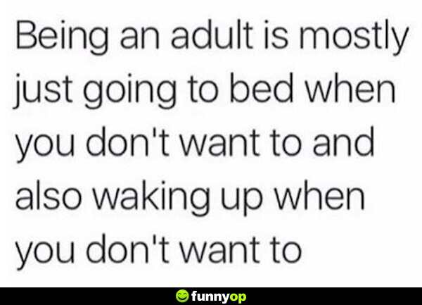 Being an adult is mostly just going to bed when you don't want to and also waking up when you don't want to.