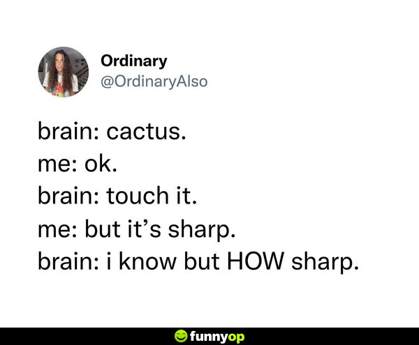 Brain: Cactus. Me: Ok. Brain: Touch it. Me: But it's sharp. Brain: I know but HOW sharp.