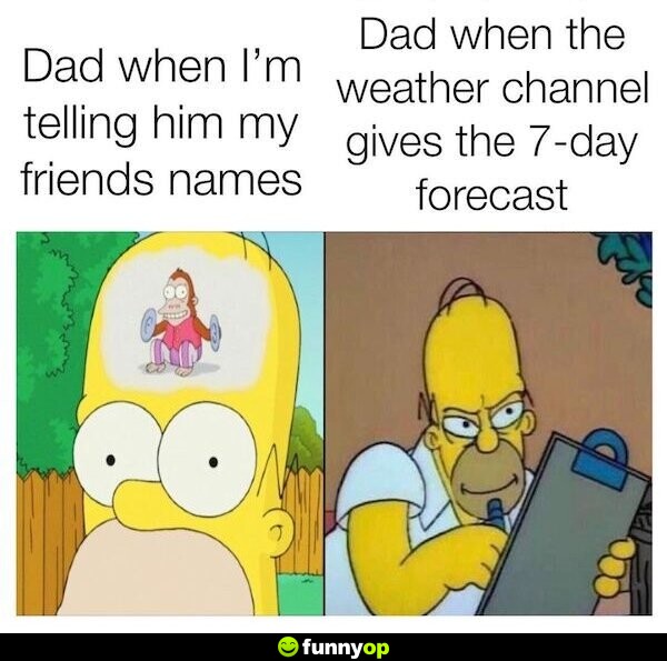 Dad when i'm telling him my friends names dad when the weather channel gives the 7-day forecast.