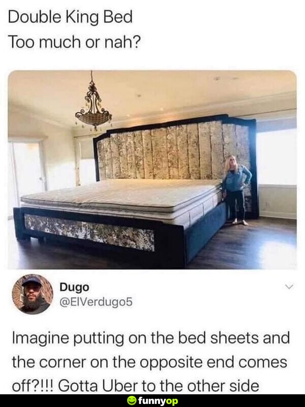 Double King Bed.. Too much or nah? Imagine putting on the bed sheets, and the corner on the opposite end comes off?!!! Gotta Uber to the other side.