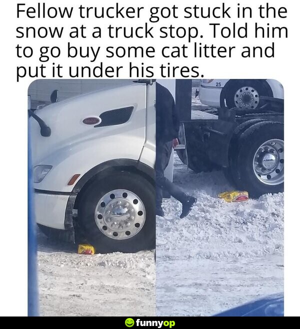 Fellow trucker got stuck in the snow at a truck stop. Told him to go buy some cat litter and put it under his tires.