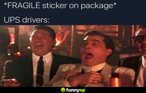 *FRAGILE sticker on package* UPS DRIVERS: *laughing hysterically*