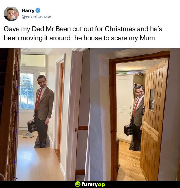 Gave my Dad Mr. Bean cut out for Christmas, and he's been moving it around the house to scare my Mum.