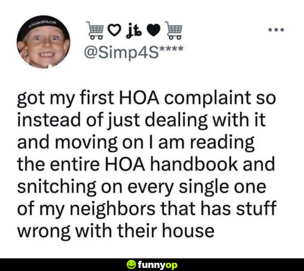 Got my first HOA complaint so instead of just dealing with it and moving on I am reading the entire HOA handbook and snitching on every single one of my neighbors that has stuff wrong with their house.
