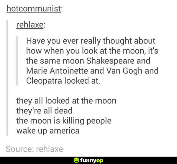 Have you ever really thought about how when you look at the moon, it's the same moon Shakespeare and Marie Atoinette and Van Gogh and Cleopatra looked at. They all looked at the moon. They're all d***. The moon is k****** people. Wake up, America.