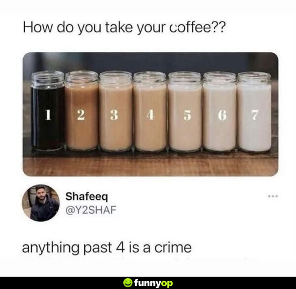 How do you take your coffee?? Anything past 4 is a crime.