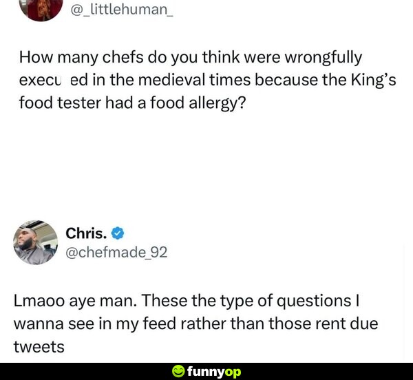 How many chefs do you think were wrongfully exe***** in the medieval times because the King's food tester had a food allergy? Lmaoo aye man. These the type of questions I wanna see in my feed rather than those rent due tweets.