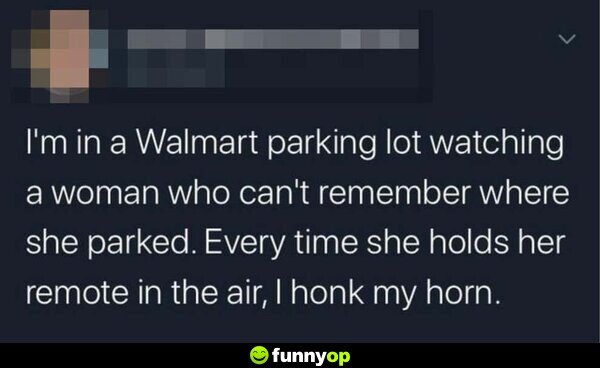 I'm in a Walmart parking lot watching a woman who can't remember where she parked. Every time she holds her remote in the air, I honk my horn.