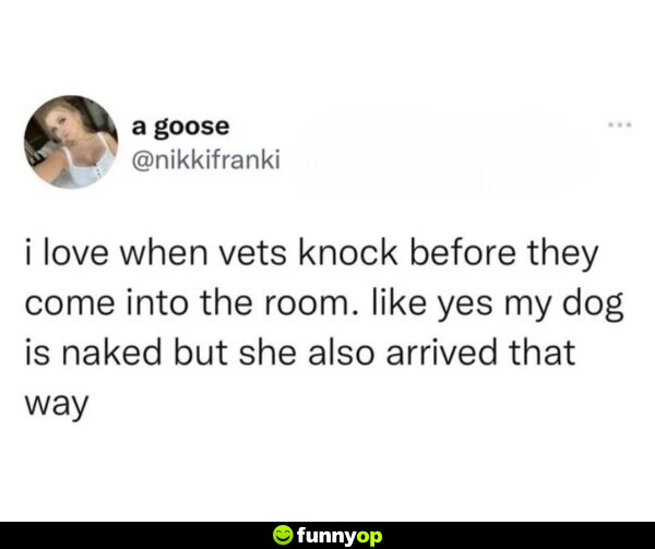 I love when vets knock before they come into the room. Like yes my dog is naked, but she also arrived that way.
