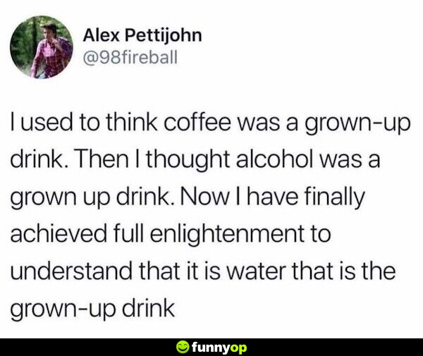 I used to think coffee was a grown-up drink. Then I thought alcohol was a grown-up drink. Now I have finally achieved full enlightenment to understand that it is water that is the grown-up drink.
