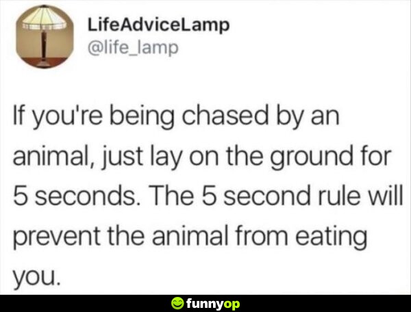 If you're being chased by an animal, just lay on the ground for 5 seconds. the 5 second rule will rpevent the animal from eating you.