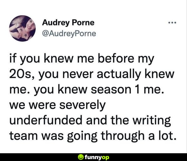 If you knew me before my 20s, you never actually knew me. You knew season 1 me. We were severely underfunded, and the writing team was going through a lot.