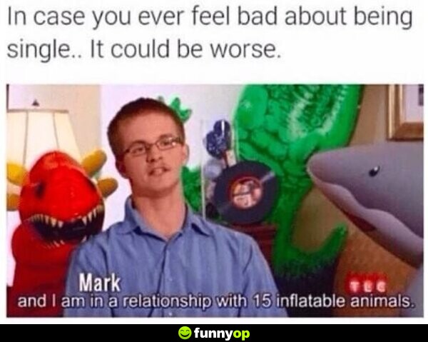 In case you ever feel bad about being single.. It could be worse. Mark: And I am in a relationship with 15 inflatable animals.