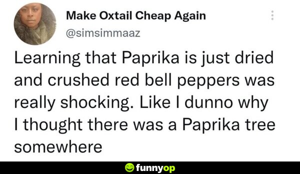 Learning that Paprika is just dried and crushed red bell peppers was really shocking. Like I dunno why I thought there was a Paprika tree somewhere.