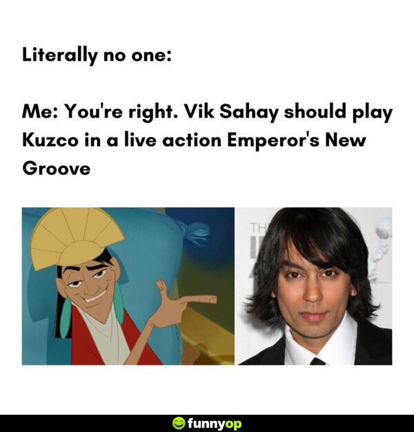 Literally no one: Me: You're right. Vik Sahay should play Kuzco in a live action Emperor's New Groove
