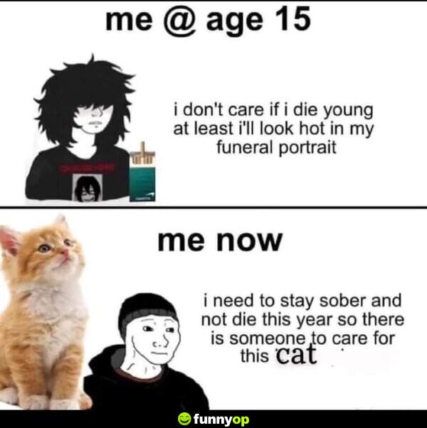 Me at age 15: I don't care if I d** young at least I'll look hot in my funeral portrait. Me now: I need to stay sober and not die this year so there is someone to care for this cat.