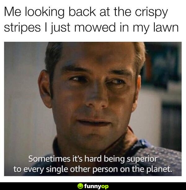 ME: *looking back at the crispy stripes I just mowed in my lawn* ALSO ME: Sometimes it's hard to being surperior to every single other person on the planet.