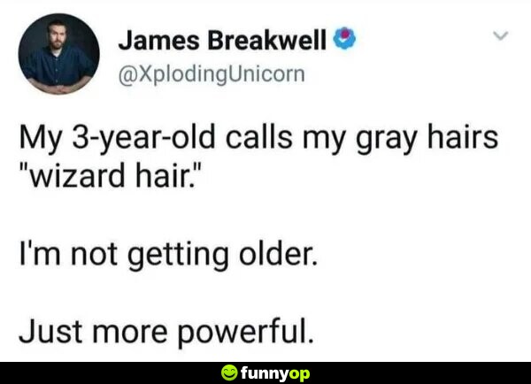 My 3-year-old calls my gray hairs wizard hair i'm not getting older just more powerful.