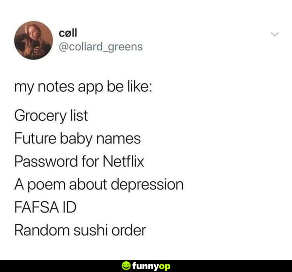 My notes app be like: Grocery list Future baby names Password for Netflix A poem about depression FAFSA ID Random sushi order