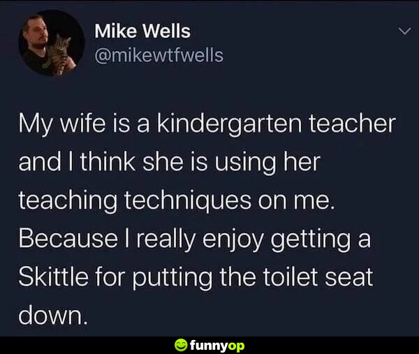My wife is a kindergarten teacher and I think she is using her teaching techniques on me. because I really enjoy getting a Skittle for putting the toilet seat down.
