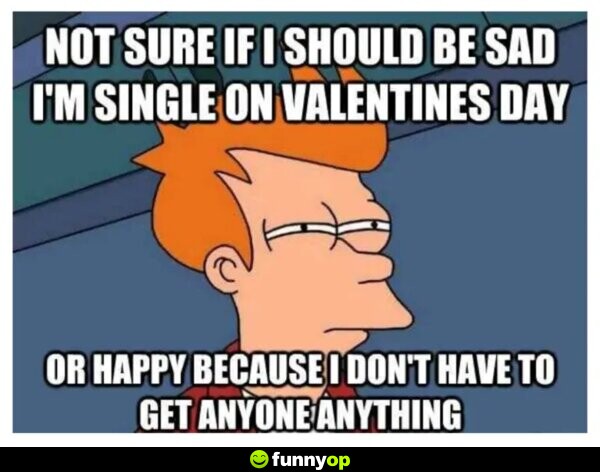 Not sure if I should be sad I'm single on Valentines Day or happy because I don't have to get anyone anything.