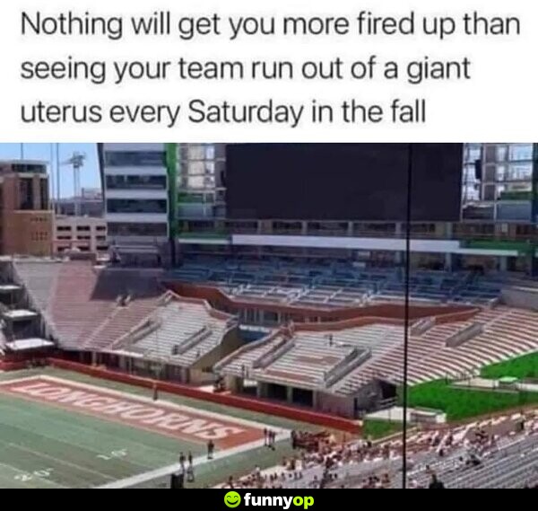 Nothing will get you more fired up than seeing your team run out of a giant uterus every saturday in the fall.