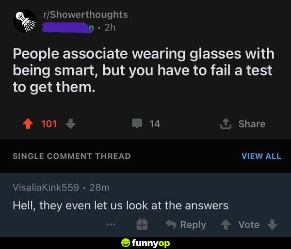 People associate wearing glasses with being smart, but you have to fail a test to get them. Hell, they even let us look at the answers.