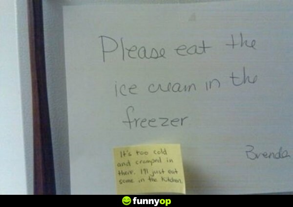 Please eat the ice cream in the freezer it's too cold and cramped in there. i'll just eat some in the kitchen.