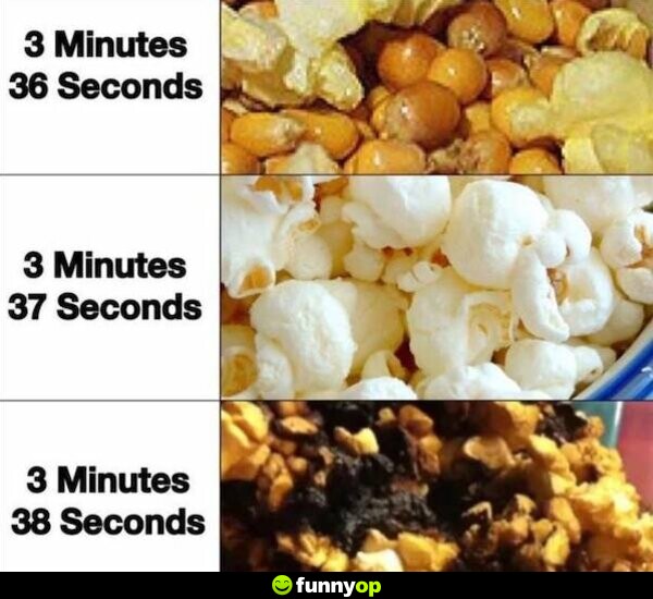 POPCORN (3 minutes 36 seconds): *still not cooked* POPCORN (3 minutes 37 seconds): *cooked perfectly* POPCORN (3 minutes 38 seconds): *overcooked and burned*