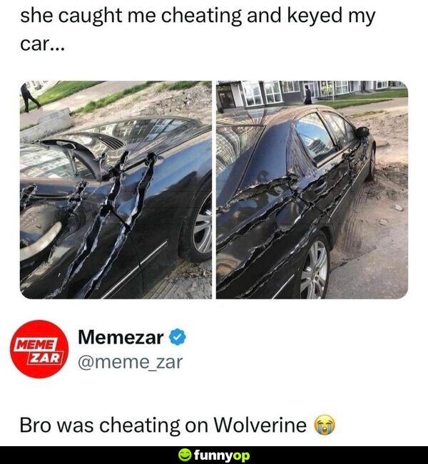 She caught me cheating and keyed my car... Bro was cheating on Wolverine.