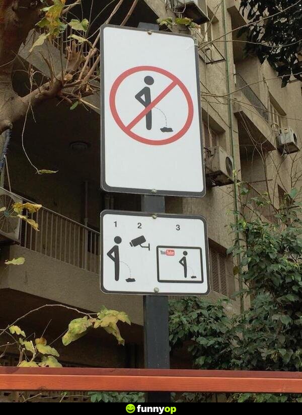 SIGN: No urinating in public. ALSO SIGN: Cameras will film you and you will be a Youtube star.