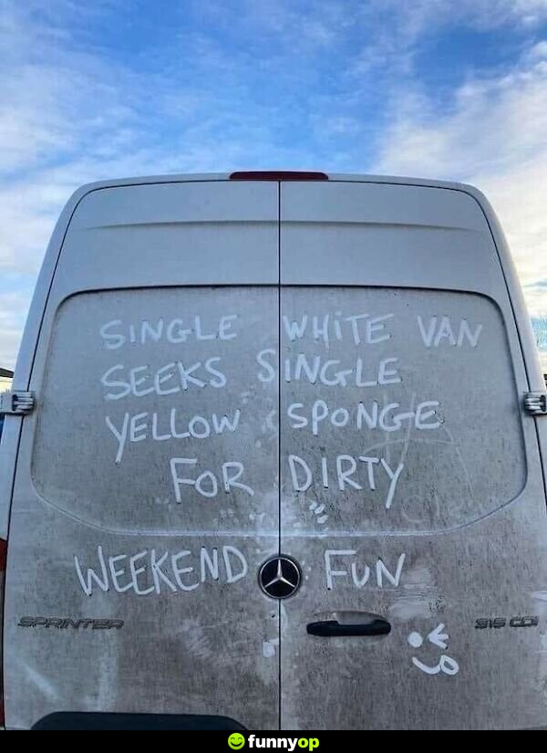 SIGN: Single white van seeks single yellow sponge for dirty weekend fun.