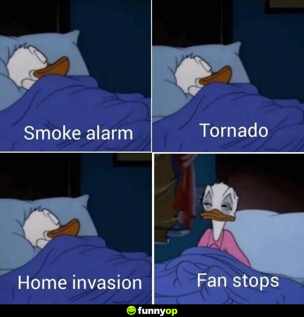 Smoke alarm ME: *sleeping* Tornado ME: *sleeping* Home invasion ME: *sleeping* Fan Stops ME: *wakes up*