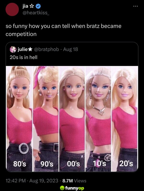 So funny how you can tell when Bratz became competition *Barbie: 80s, 90s, 00s, 10s, 20s*