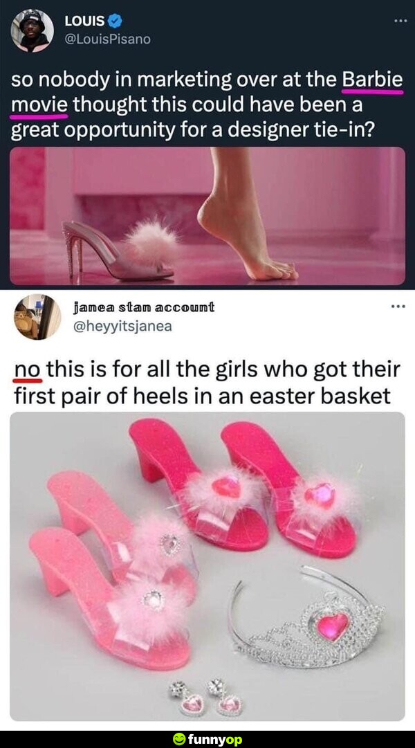 So nobody in marketing over at the Barbie movie thought this could have been a great opportunity for a designer tie-in? No, this is for all the girls who got their first pair of heels in an Easter basket.