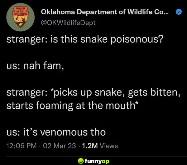 Stranger: Is this snake poisonous? Us: Nah fam. Stranger: *picks up snake, gets bitten, starts foaming at the mouth* Us: It's venomous though.