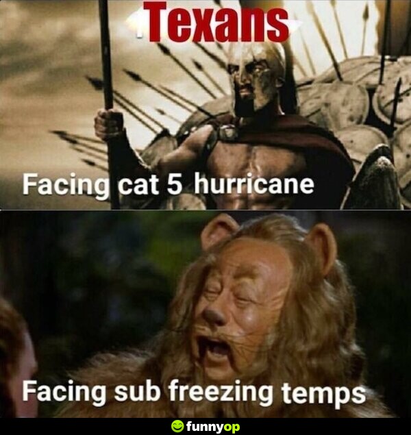 Texans facing cat 5 hurricane. *Spartan Warriors* Texans facing sub-freezing temperatures. *the Cowardly Lions*