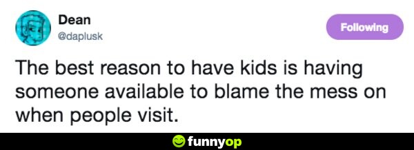 The best reason to have kids is having someone available to blame the mess on when people visit.