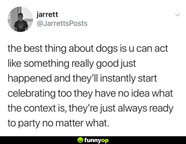 The best thing about dogs is you can act like something really good just happened and they'll instantly start celebrating too they have no idea what the context is, they're just always ready to party no matter what.