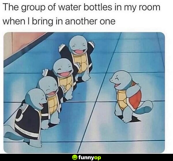 The group of water bottles in my room when I bring in another one