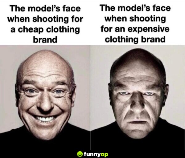 The model's face when sh****** for a cheap clothing brand. The model's face when sh****** for an expensive clothing brand.
