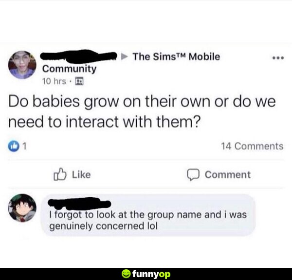 The Sims Mobile Community: Do babies grow on their own, or do we need to interact with them? I forgot to look at the group name, and I was genuinely concerned lol
