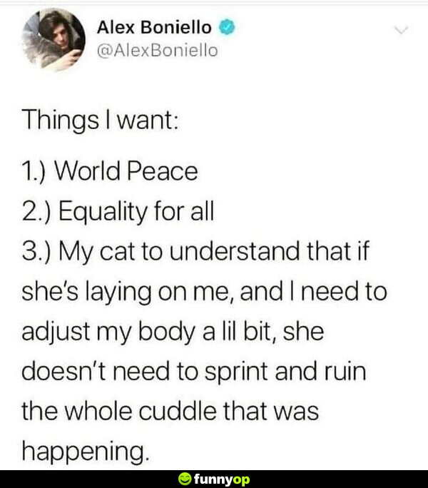 Things I want: 1.) World Peace 2.) Equality for all 3.) My cat to understand that if she's laying on me, and I need to adjust my body a lil bit, she doesn't need to sprint and ruin the whole cuddle that was happening.