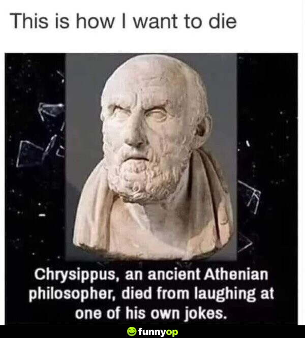 This is how I want to d**. Chrysippus, an ancient Athenian philosopher, died from laughing at one of his own jokes.