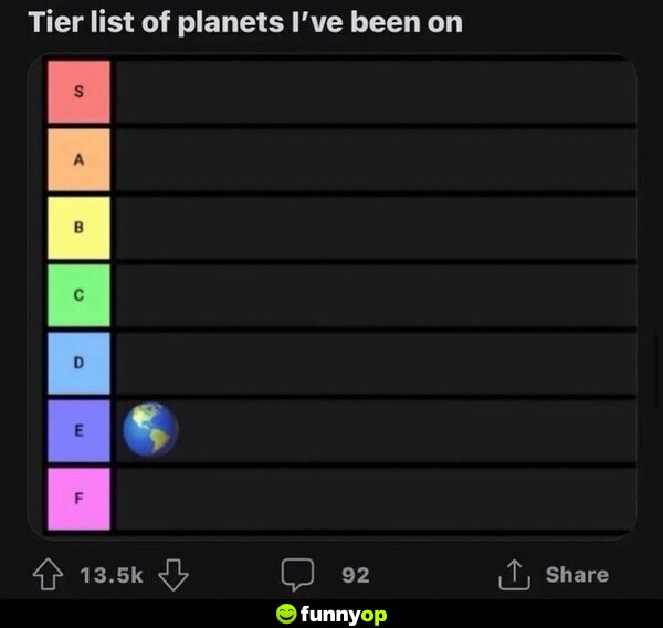 Tier list of planets I've been on: E. Earth