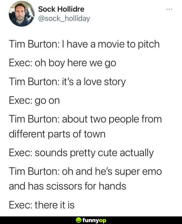 Tim Burton: I have a movie to pitch Exec: Oh boy, here we go Tim Burton: It's a love story Exec: Go on Tim Burton: About two people from different parts of town Exec: Sounds pretty cute actually Tim Burton: Oh and he's super emo and has scissors for hands Exec: There it is.
