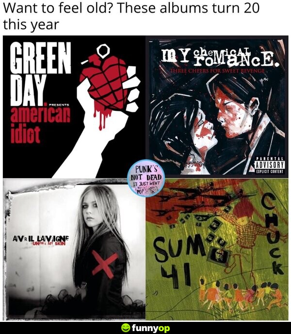 Want to feel old? These albums turn 20 this year. Green Day, My Chemical Romance, Avril Lavigne, Sum 41