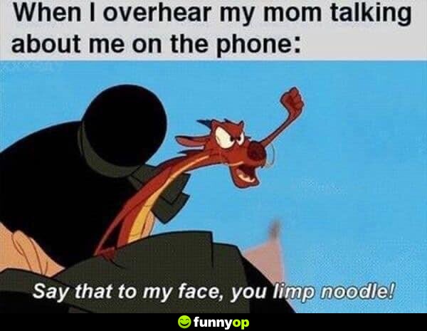 When I overhear my mom talking about me on the phone: Say that to my face, you limp noodle!